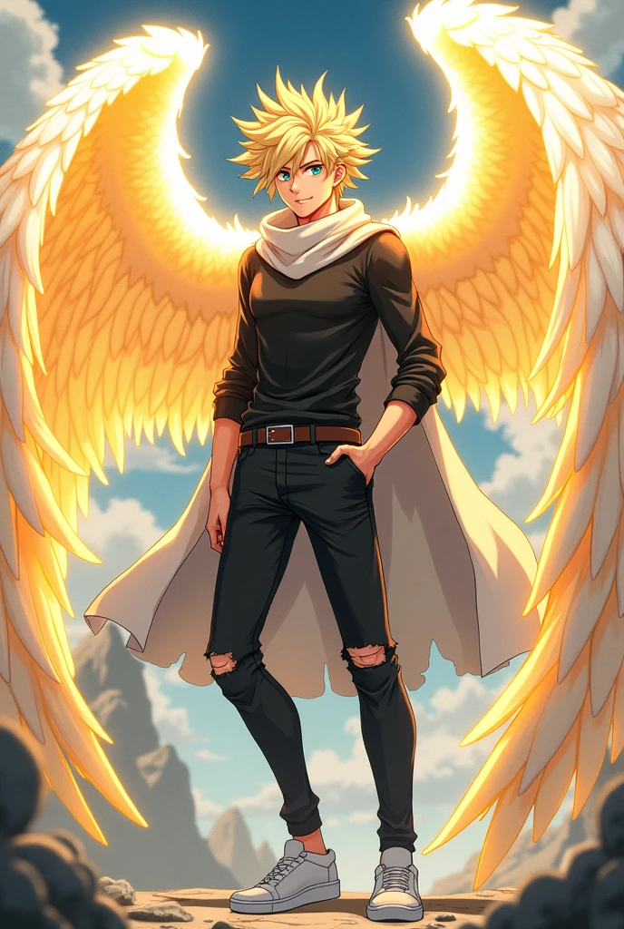 oc anime, male angel race, has fair skin and a pumped physique, has white and light colored wings that emanate a golden energy, golden hair and eyelashes of the same color, having a hairstyle like Meliodas from the anime Nanatsu no Taizai but more spaced out, light blue eyes, wearing a black long-sleeved shirt, black ripped pants and white sneakers, a cloak/scarf around his neck that could be used to cover his face.