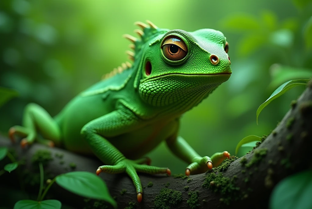 Create a captivating, hyper-realistic AI-generated artwork of a green lizard in its natural habitat where everything is also green. The lizard should be the focal point, with special emphasis on its eyes, capturing their intricate details and vibrant color. Depict the lizard in a lush, green environment, such as dense foliage or on a moss-covered branch, blending harmoniously with its surroundings. The entire scene should be rich with various shades of green, highlighting the lizard’s camouflage abilities. Use soft, diffuse lighting to accentuate the textures of the lizard’s scales and the surrounding greenery, creating a cohesive, serene atmosphere. The style should be hyper-realistic yet artistic, focusing on the striking details of the lizard’s eyes and the natural beauty of its all-green habitat. The final artwork should be high-resolution and visually impactful, capturing the essence of the lizard in its perfectly blended environment.