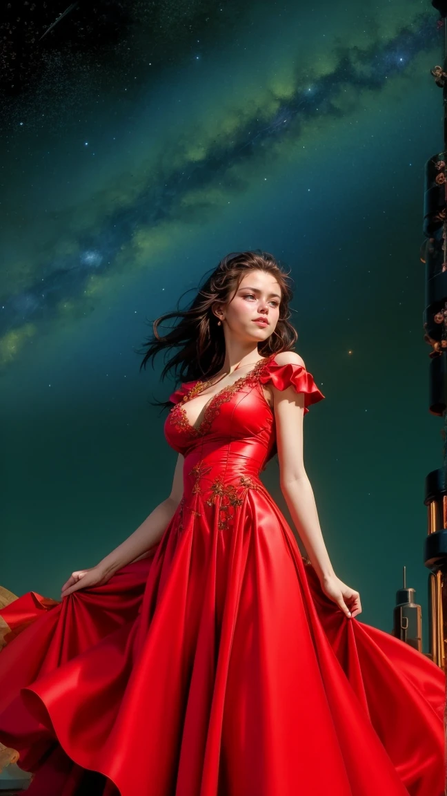 An exceptional pretty female, detailed steampunk red dress, cleavage, fantasy, floral, (symmetrical composition:1.25), (outstanding composition, masterpiece:1.4), (aesthetic:1.2), perfect composition, intricate details, ultra-detailed, night, starry sky, (sky background:1.5), line art style