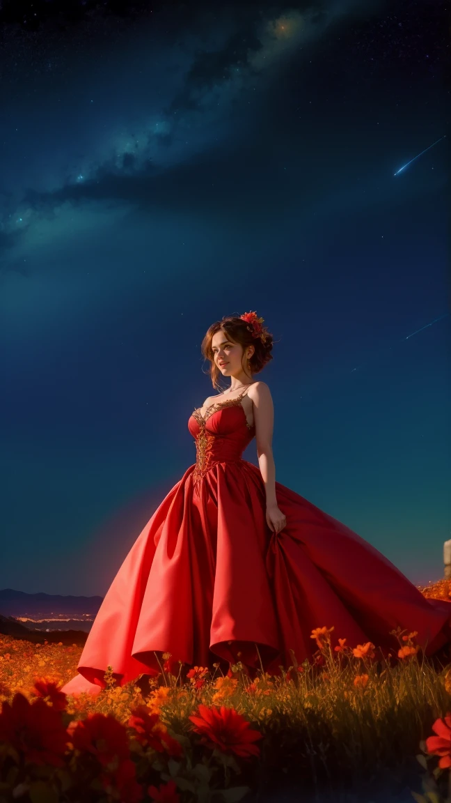 An exceptional pretty female, detailed steampunk red dress, cleavage, fantasy, floral, (symmetrical composition:1.25), (outstanding composition, masterpiece:1.4), (aesthetic:1.2), perfect composition, intricate details, ultra-detailed, night, starry sky, (sky background:1.5), line art style