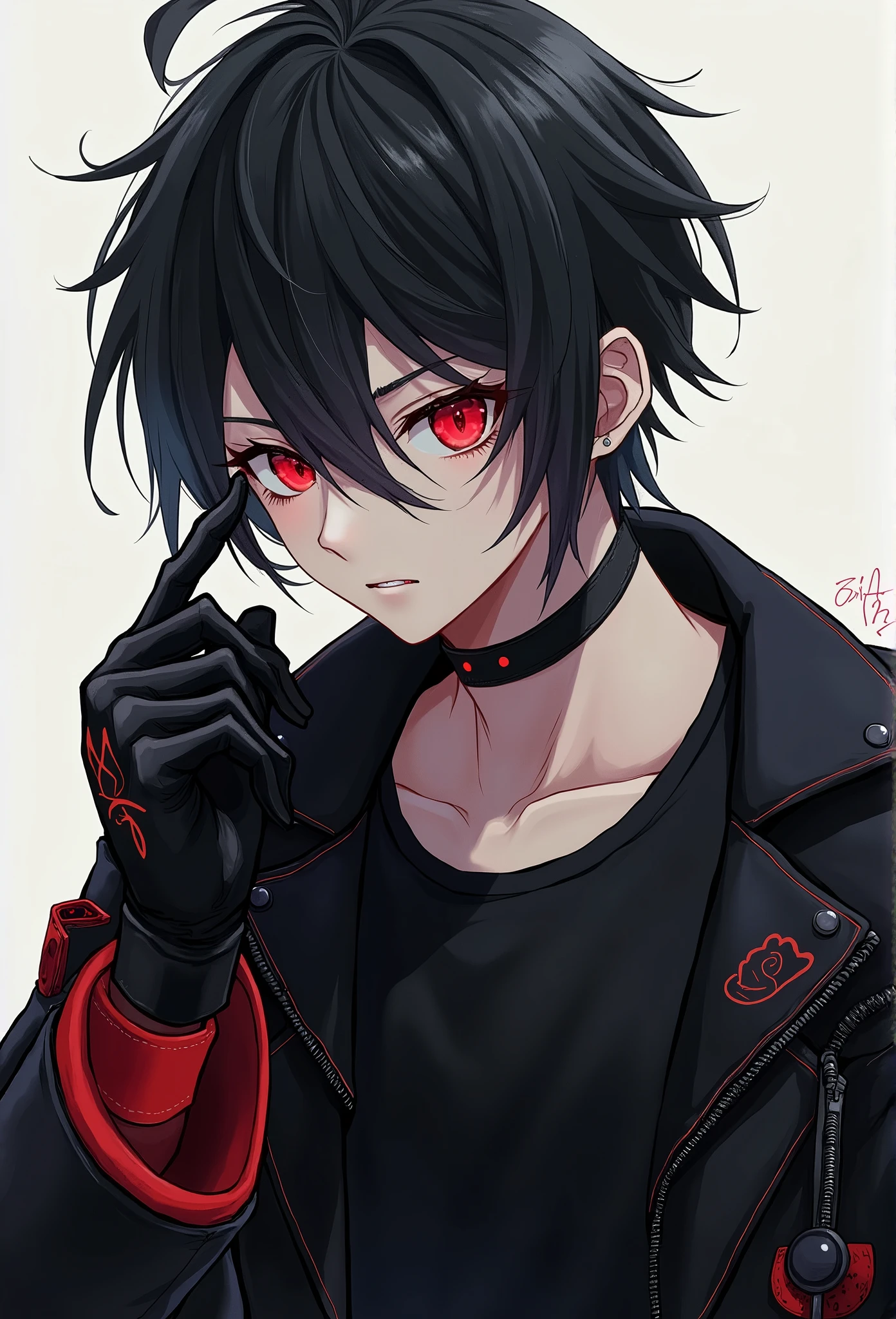 A young man of  with medium hair up to his neck messy black with a white bangs ,Iris and pupil of the eyes completely red ,uma blusa preta simples com casaco estilo motoqueiro preto com detalhes nas mangas em vermelho ,a black military-style medium glove with red border ,a face with a serious smile and a look of contempt