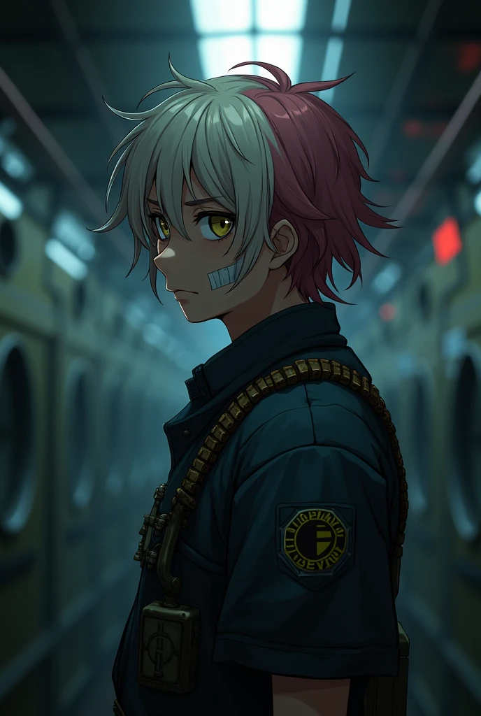 (Barotrauma) Style: 2D image with high quality. Character: Boy. young guy, fair skin, left side of hair light, right side of hair dark pink. Hair wavy and quite long, hair gathered into a shaggy Short length ponytail, yellow eyes and wide eyebrows, a bandage on his cheek. Emotion: irritation. Clothing: uniform of a submarine officer from the Barotrauma game universe. Background: Inside a submarine. Details: sloppy appearance, dirty clothes. Angle: far from the character, characters looking over the shoulder. Lighting: only one dim lamp, dim lighting. 