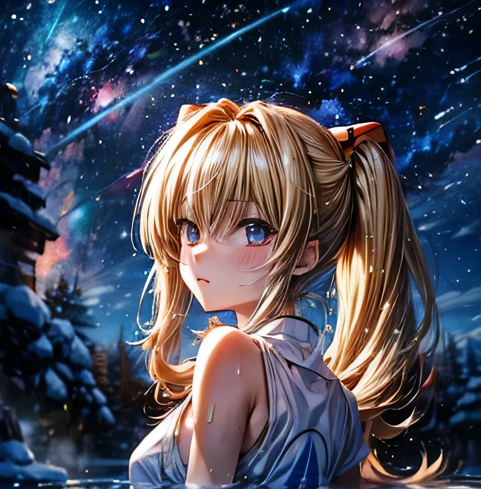 Eva　Shikinami Asuka Langley　Whole Person　　　Blonde long twintails　　hot spring　Milky Way Galaxy　Snow Scene