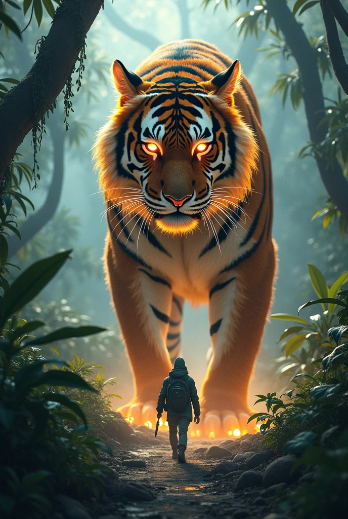 1. **Jungle Titan Confrontation:**
"In an enchanted jungle, depict an epic showdown between a lone explorer and a colossal, mythical tiger with luminescent stripes. The tiger should be intricately detailed, with glowing eyes and a powerful stance, amidst towering trees and lush foliage. Incorporate vibrant, exotic plants and a cascading mist that adds depth and mystery to the scene. The image should evoke a profound sense of scale, with high detail and rich, natural colors that convey both the grandeur of the jungle and the formidable presence of the tiger."
### Instructions for SeaArt AI:
1. **Model Selection:**
- **Jungle Majesty Mix**: For realistic textures combined with fantastical elements.
- **LoRA**: Focus on enhancing the tiger’s fur details, exotic flora, and mist effects.
2. **Style and Lighting:**
- **Mystical Realism**: Emphasize realistic textures of the jungle and the tiger with intricate light play.
- **Dynamic Lighting Effects**: Use ComfyUI to adjust the light intensity and highlight the glowing elements of the tiger and foliage.
3. **Image Refinement:**
- Generate multiple variations to select the one with the best balance of detail and atmosphere.
- Use the **Canvas** tool for manual adjustments, particularly to enhance the tiger’s texture and the jungle’s depth.
- Apply **Swift AI tools** to sharpen details and increase resolution.
4. **Color Palette:**
- Rich greens and browns for the jungle.
- Bright, luminescent oranges and yellows for the tiger’s stripes.
5. **Post-Processing:**
- Use the **Advanced Repair** tool to ensure clean edges and intricate details.
- Apply subtle color grading to enhance the mystical, immersive quality of the scene.