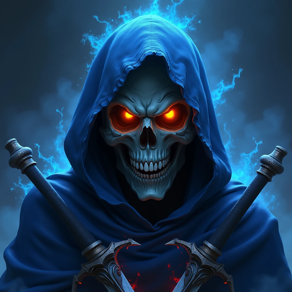 ((Logo e-sport niji art-style)) Portrait highly detailed dark fantasy illustration of a close-up face menacing skull shrouded in a tattered, dark blue hooded cloak, glowing orange eyes, sinister grin with sharp teeth, cloak made of mystical, flowing energy, ghostly, ethereal look, deep, dark space background with splashes of blue and white, two curved, sharp Daggers blades partially visible, emerging from beneath the cloak, powerful, ominous atmosphere with intricate detailing and vibrant highlights, (best quality,4k,8k,highres,masterpiece:1.2),ultra-detailed,(semi-realistic:1.37),HDR,UHD,studio lighting,ultra-fine painting,sharp focus,physically-based rendering,extreme detail description,professional,vivid colors,bokeh,dark fantasy,horror,concept art ((more detail, enhanced, poakl))