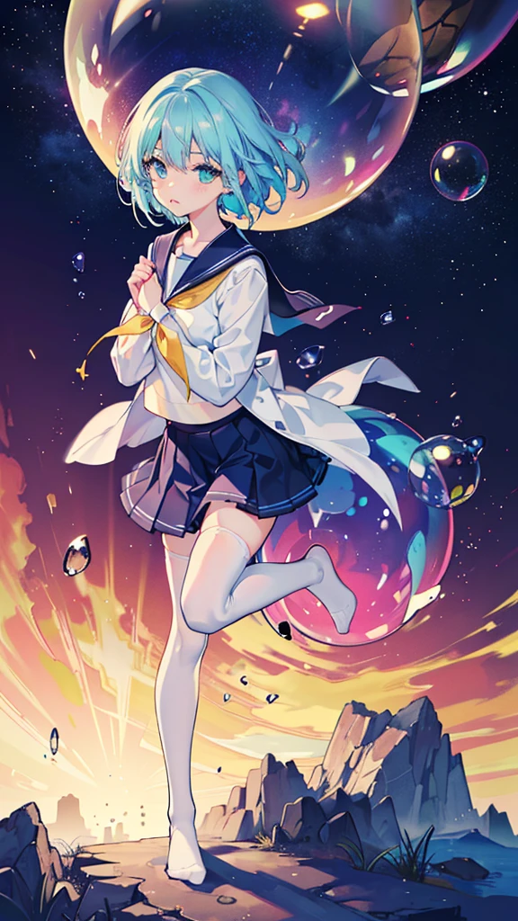 (masterpiece), (best quality), (official art, extremely detailed CG unity 8k wallpaper), (highly detailed), ((absurdres)), 1girl, mid shot, (exquisite facial features),(serafuku:1.3) ((sfw)),((clear hands)), ((white thighhighs without shoes)),aqua eyes, color contact lenses, stars in the eyes, (((colorful bubble))), colourful glass, (album cover)