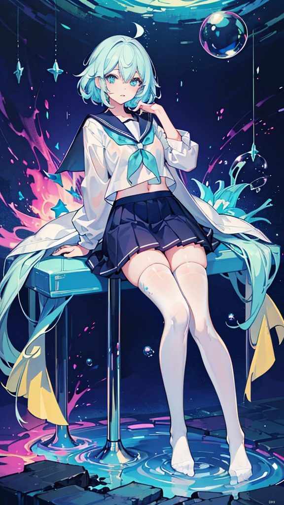 (masterpiece), (best quality), (official art, extremely detailed CG unity 8k wallpaper), (highly detailed), ((absurdres)), 1girl, mid shot, (exquisite facial features),(serafuku:1.3) ((sfw)),((clear hands)), ((white thighhighs without shoes)),aqua eyes, color contact lenses, stars in the eyes, (((colorful bubble))), colourful glass, (album cover)