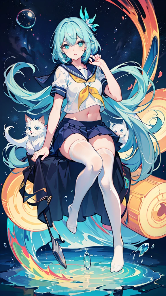 (masterpiece), (best quality), (official art, extremely detailed CG unity 8k wallpaper), (highly detailed), ((absurdres)), 1girl, mid shot, (exquisite facial features),(serafuku:1.3) ((sfw)),((clear hands)), ((white thighhighs without shoes)),aqua eyes, color contact lenses, stars in the eyes, (((colorful bubble))), colourful glass, (album cover)