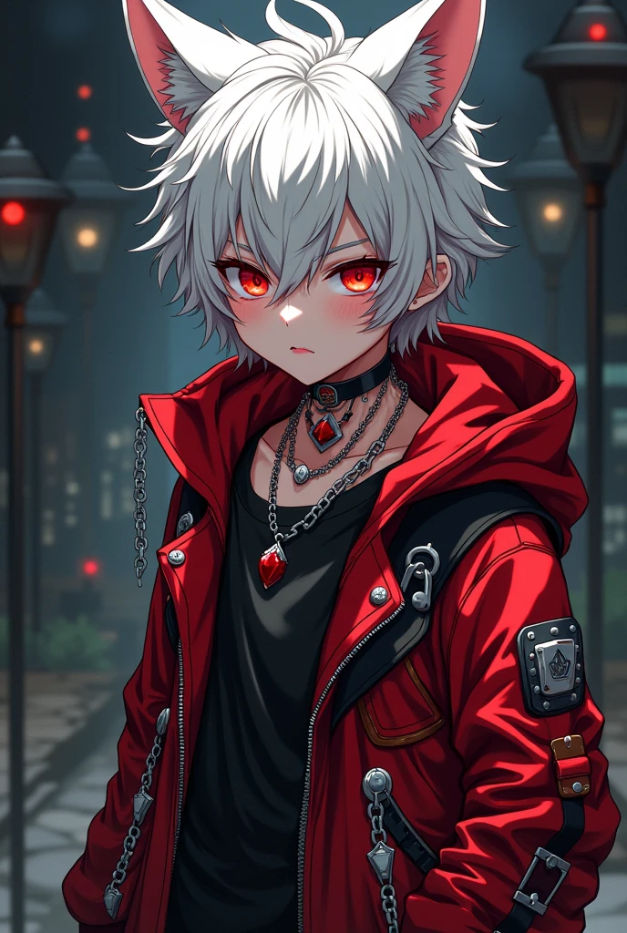 An anime boy with short white hair with wolf ears and red eyes wearing a red and black outfit with chains coming out of his clothes and black boots