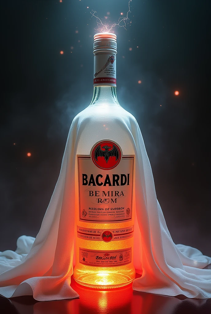 A bottle of bacardi, with a white and red cloth wrapping her and with a divine aura