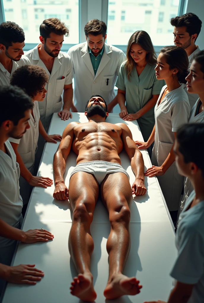 In an anatomy classroom, a puerto rican man, stark, very bearded and hairy body, is lying on an examination table, wearing only white underwear. He is touched and examined closely by a group of curious casually dressed students around him., all focused on learning about the human body. The school classroom is bright. 