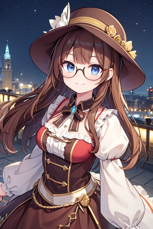 (Highest quality, 8k, masterpiece: 1.3), Clear focus: 1.2, beauty: 1.4, Abdominal muscles: 1.1, Brown Hair, Princess Dress: 1.4, Outdoors at night: 1.1, street, Beautiful face and eyes, double eyelid. Add realistic lighting, Be careful adjusting the ratio.One girl, Hold the hat with your arm,Wear glasses, smile, 