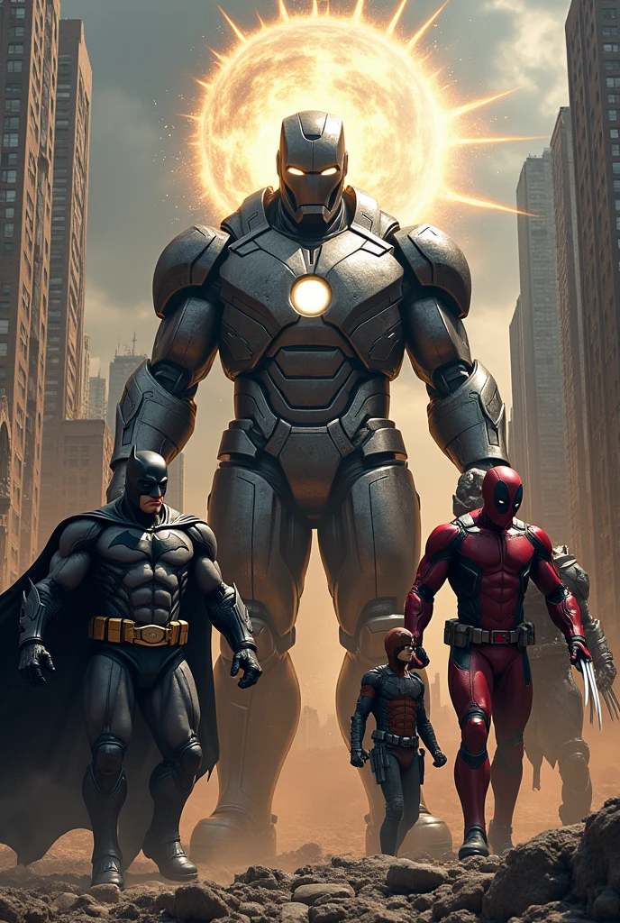make cast iron man with batman, com o venom, with deadpool and wolverine fighting Dr.. Doom merged with Thanos and Galactus