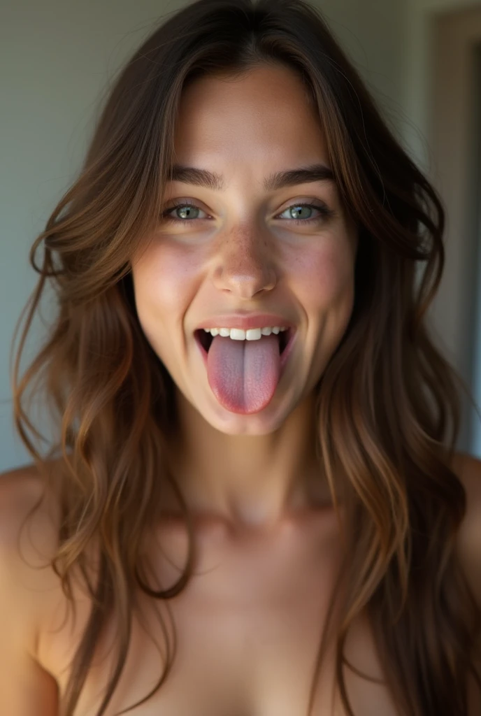 A young teen with long brown hair is naked and sticking her tongue out