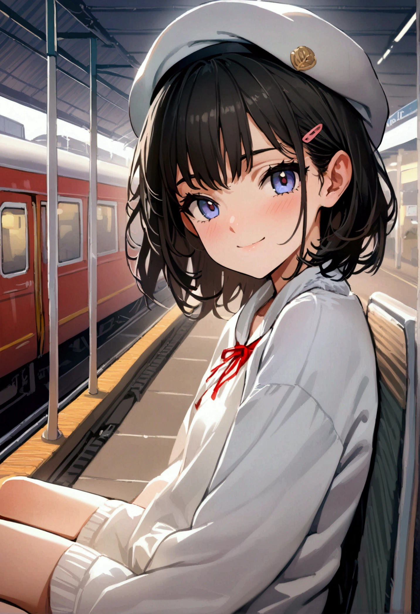 The best masterpiece, super detailed, beautiful, girl, cute, teenager, sitting on a bench, medium hair, beret, smile, looking at the viewer, lighting conveying calm, in the background is a train station.
