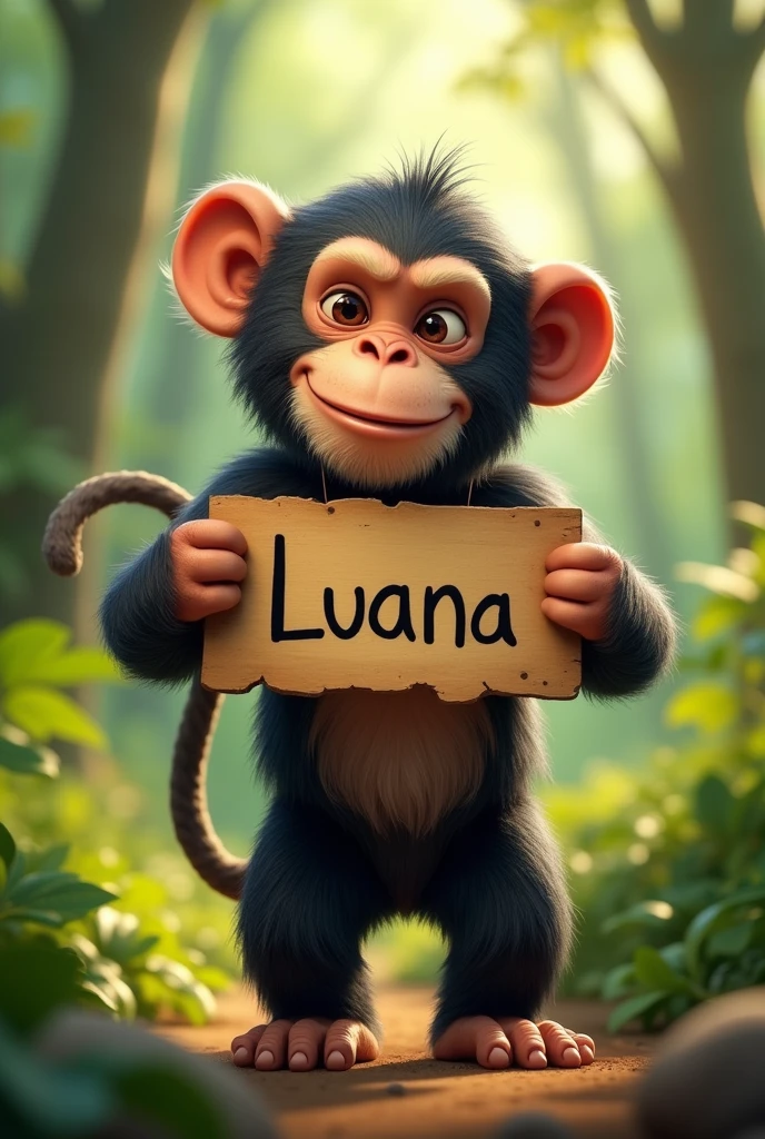Miney holding a sign with the name Luana
