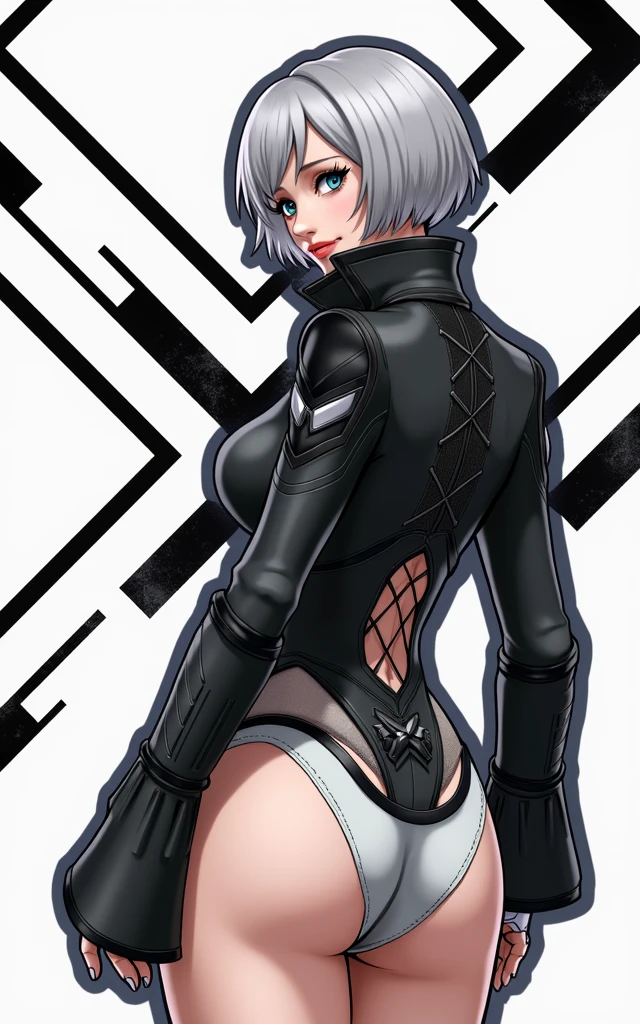 (masterpiece, best quality)), ((((perfect anatomy)))), Caucasian android woman with short silver hair, ((elaborate black dress)) (((white high cut leotard))), big butt, black eye-band, white and black gloves, digital black pattern background, (((photo realistic)))