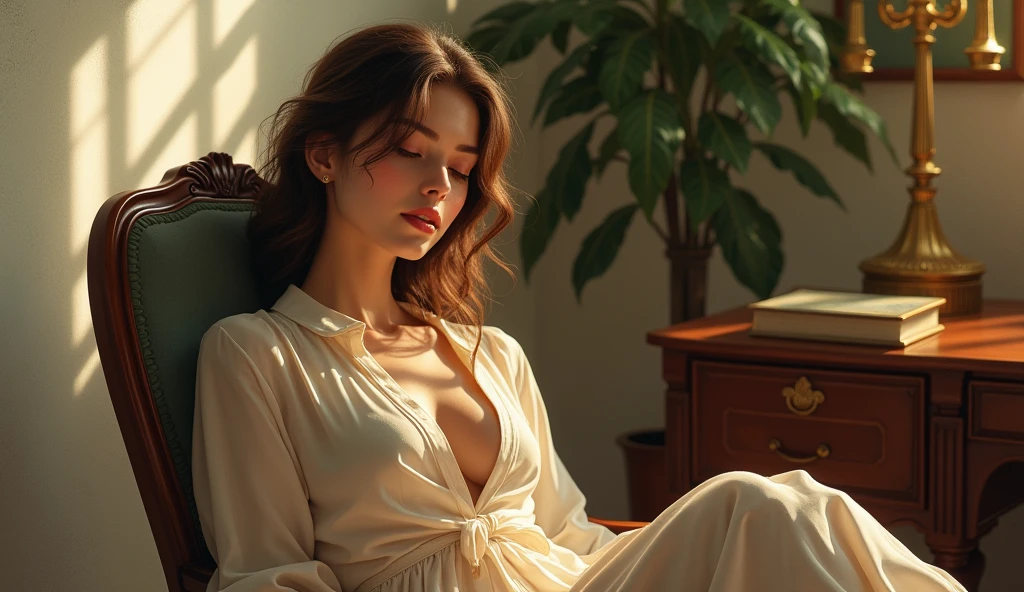(photorealism:1.2), beautiful woman, sitting on office,  relaxed pose, realistic, intricate details, warm colors, by Greg Rutkowski, by Alphonse Mucha