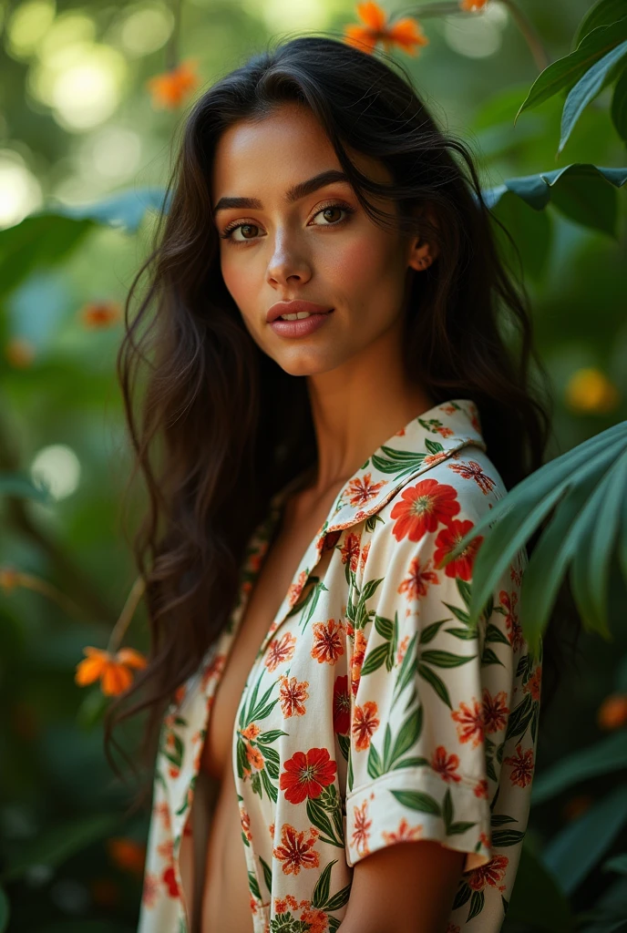 A Brazilian woman in a lush tropical garden, wearing an open shirt with a floral print, with a close-up capturing the harmonious beauty between her breasts and the natural flowers, showing off your natural charm and outgoing personality.