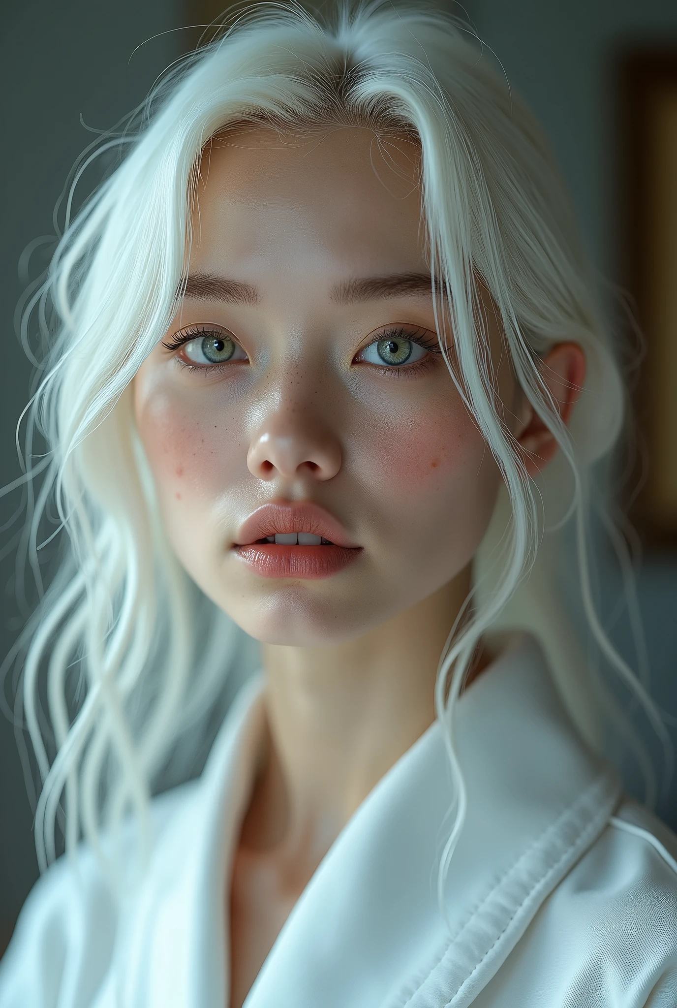 (uma fotogroffia premiada:1.3) off (Ultra photo realsisim:1.3),(vred:1.3) (close up:0.7), A Korean woman, albino with freckles in a white robe, realskin, 5d canon, 85mm, profundidaoff off campo, 8k, ultra-nitioffz, RTX, octane, irreal, Dramatic light, Global illumination (author：WLOP Artist:1.3),altamente offtalhado,(Arte Darkwave:1.3),(Arte Hardcore:1.3),(Agfacolor:1.3),(Close portrait:1.3),(Female One:1.4),(very beautiful:1.4),(appealing:1.3),handsome,Calendar pose,olhos veroffs offtalhados perfeitos,studio lighting,themed background, naked, new, feições mistas off Emmy Rossum e Brooke Shields, white  hair.