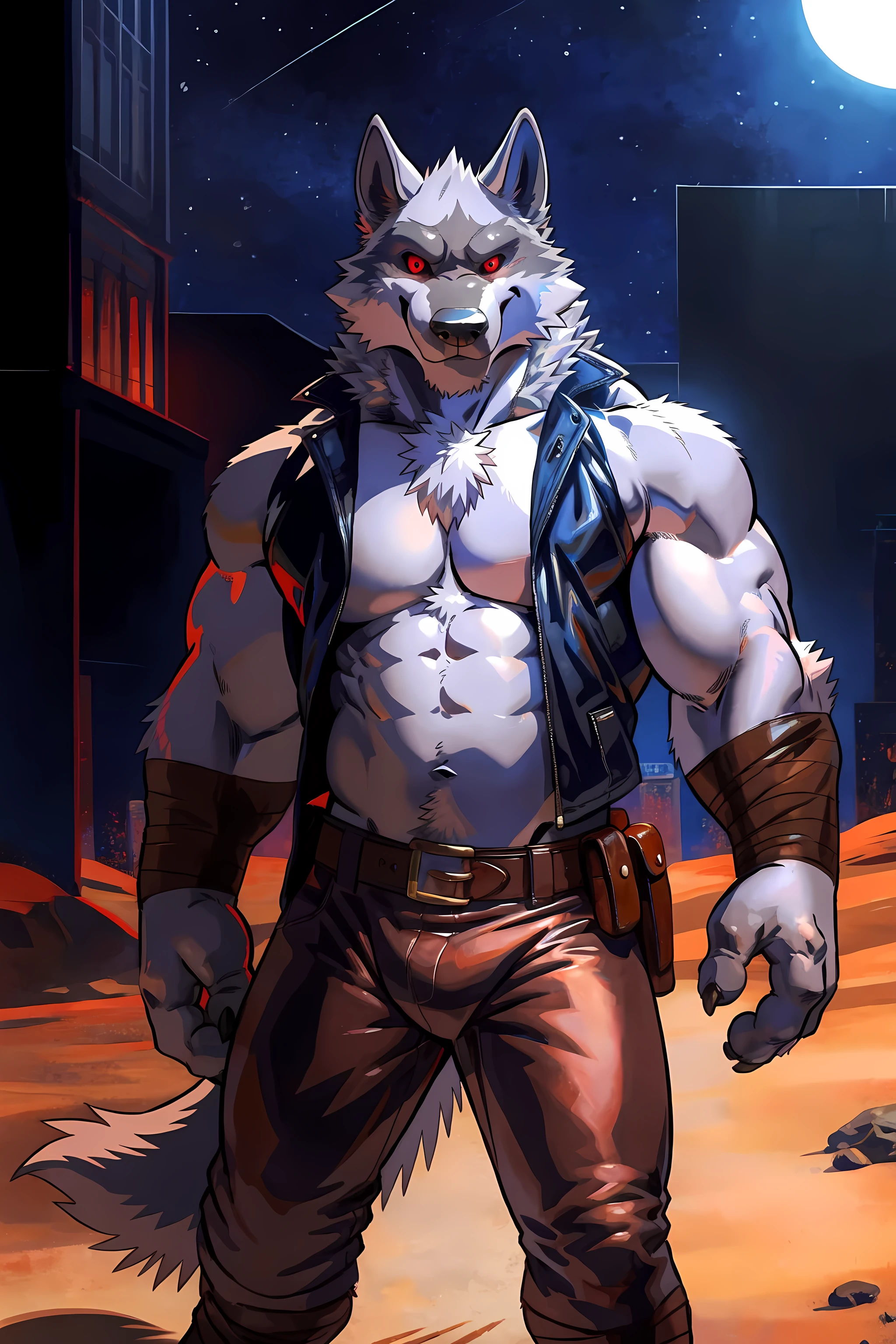 death (puss in boots), front view, facing camera, muscular chest, detailed fur, correct lighting, correct shadows, night:1.2, outdoors, wasteland, by rossciaco, by negger, wolf tail, correct proportions, correct anatomy, correct muscles, leather vest:1.1, leather pants:1.1, belt buckle:1.1, detailed belt buckle, detailed belt, red eyes, (strong shadows, dramatic shadows, dark, darkness, dim):1.2,