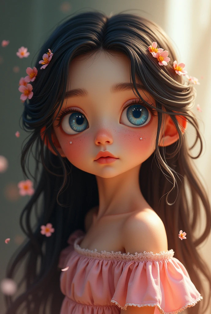 A  girl with blue eyes, long black and brown hair, a pink dress and freckles 