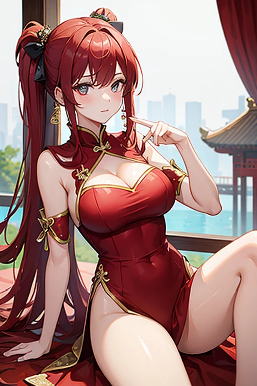 A girl, busty, Red hair, elegant china idol.