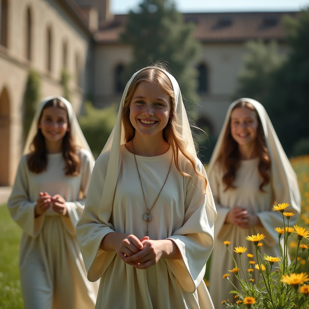 Close up shot of a group of three beautiful French novice young teenager nuns playing joyfully in a stunning medieval cloister, circa 1250 AD, various hair colors and eye's color, flowers, grass, trees, Cistercian abbey in Provence in the background, medieval architecture , 1250 AD, early morning light, Beautiful and sexy concept photo, 8k, ultra high resolution, detailed skin, uhd, dslr, soft lighting, high quality, film grain, sexy French teenagers