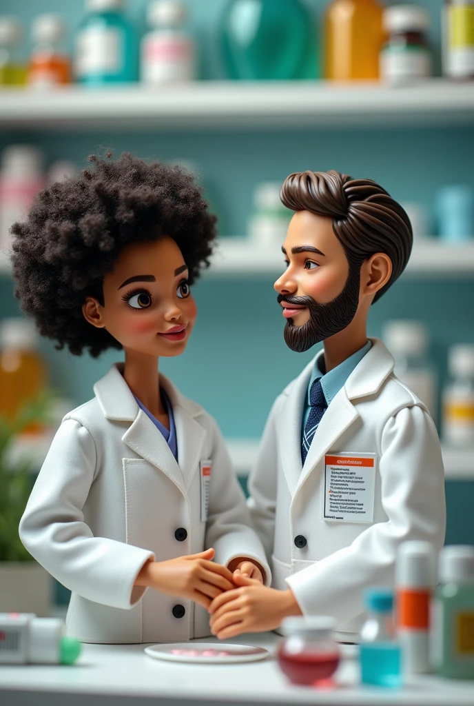 create two dolls with lab coats, pharmacy theme, the female with black curly hair and the male with short hair and a beard only on the chin and a mustache 