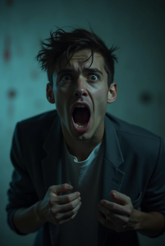 What can be the reaction of a young man after hearing a mysterious incident?  Make such a clear picture. The young man is screaming with his mouth opens
