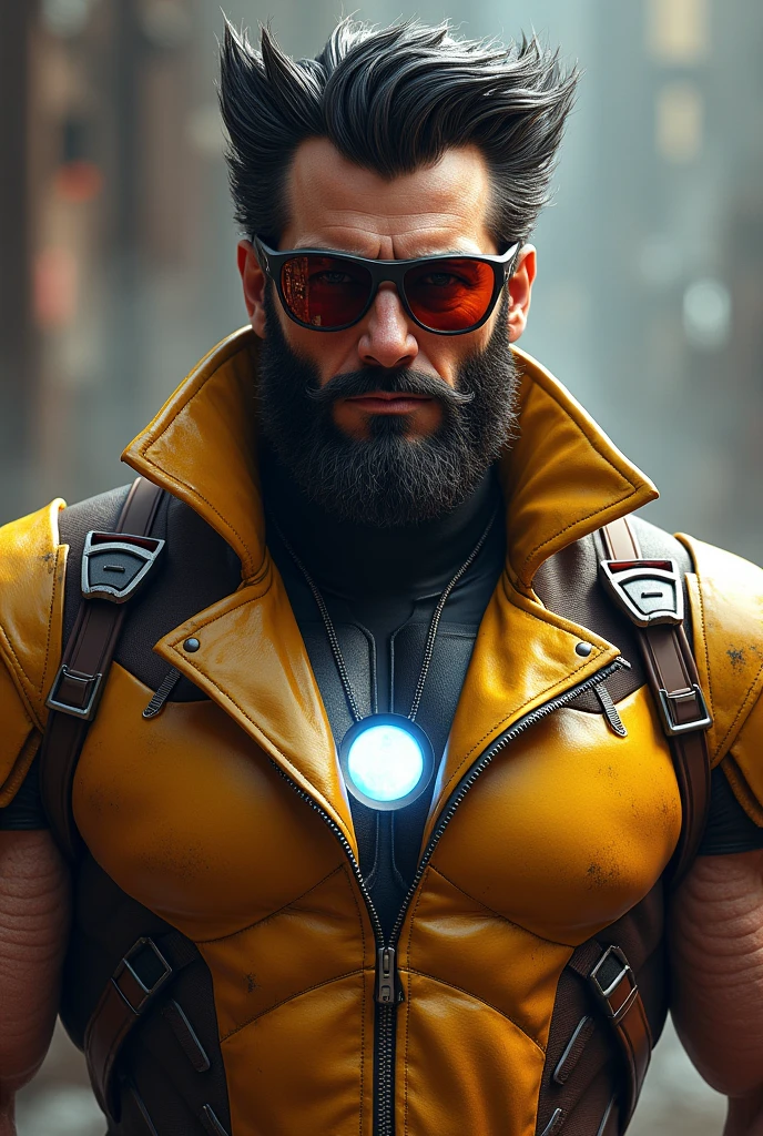 He is immortal, has Wolverine's outfit, has Iron Man's mustache, beard and Iron Man's glasses.