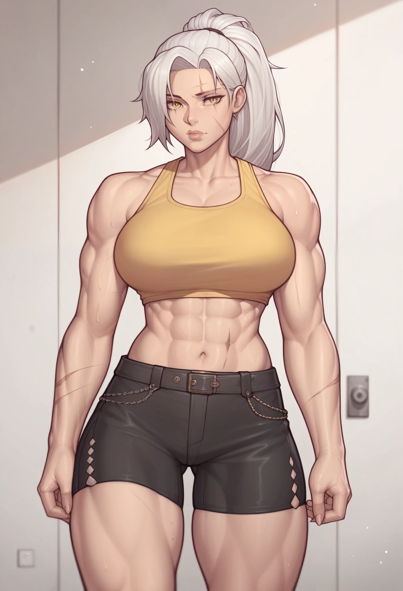 _asura style, 1girl, solo, white hair, yellow eyes, ponytail hair, yellow top, black shorts, scar on face, muscular, cowboy shot, large breasts