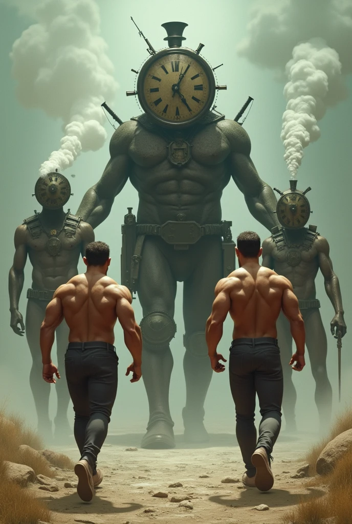 2 muscular guys walking towards Guy with big watch instead of face and guy with train instead of head