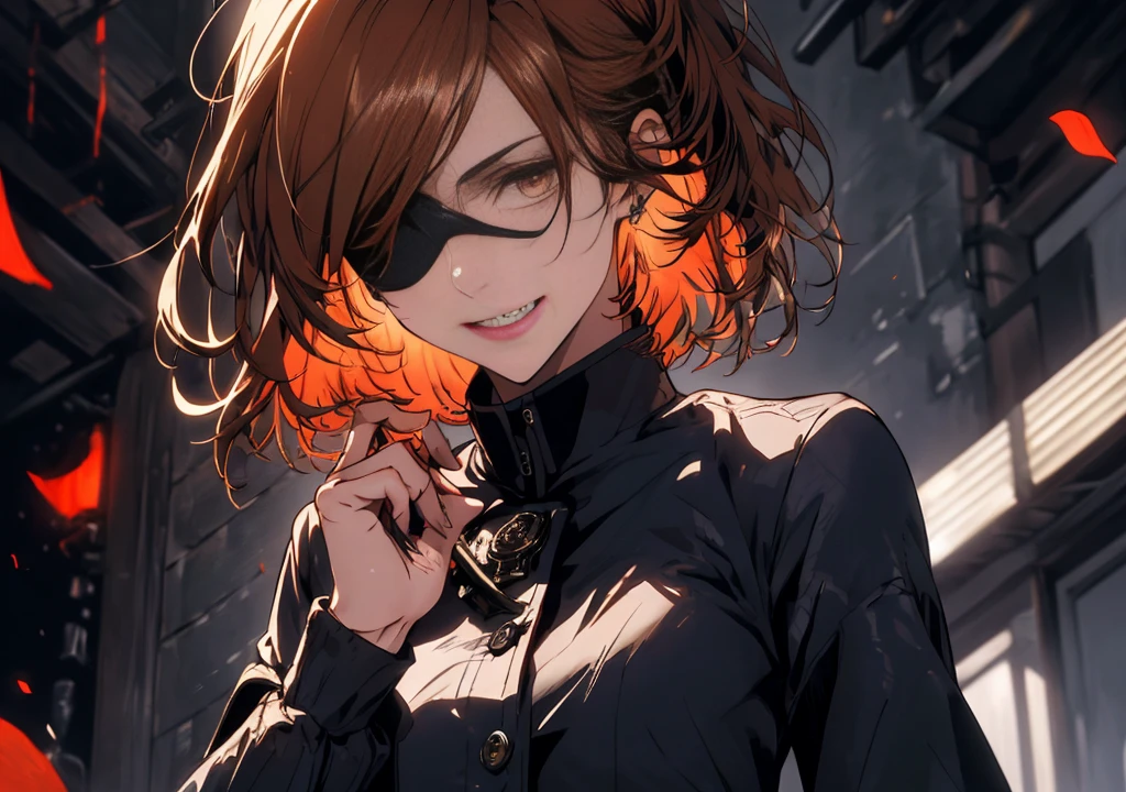 (masterpiece,top quality,high resolution,ultra detailed,ultra high definition,precise,high detail,very detailed, Perfect Fingers,Anatomically correct,ultra fine illustration,HD,8k 1.5),
solo,uniform,Jacket,Shiny orange soft hair,Highly detailed brown eyes,Navy Blue Skirt,Navy blue shirt,Long sleeve,Short High ,short hair,(Detailed eyepatch on left eye,黒Jacket:1.2),button,Long sleeve,Black Skirt,High Waist Skirt,Black Pantyhose,night,High contrast,(Highly detailed dark school background),Detailed face,Textured skin,Hair flowing in the wind,Skirt fluttering,Crazy smile,Highly detailed red rose background,A pale light shining in my hand,(With a hammer in his right hand,Put a nail in your left hand,Cross your hands:1.3),Delicate red petals blend into intricate patterns,Cinematic light effects,Halo,reflected light, Shadows cast on face and surroundings,full moon,Sharp lines,Shades of blue and black,anime, Dark atmosphere,Fantasy,Three-part method,Upper Body,Dutch Angle,wide shot