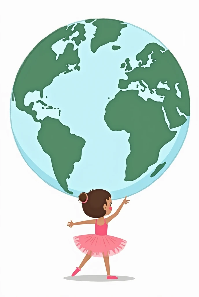 a ballerina pointing to Europe on planet Earth bigger than her big and beautiful and she stands below with her back turned, the most beautiful and biggest planet than her, on the other side the planet is on a white background, the ballerina has short brown hair that leans towards blonde and has slightly darker skin, I want it to look like a drawing, a cute and cute child&#39;s drawing, more drawn, pink clothes and she a little lighter