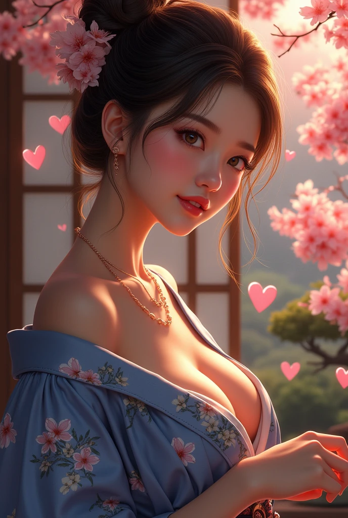 sexy asian girl, 1girl, japanese geisha, updo, looking at viewer, small pink nipples, large breasts, 20 years old, face close up, half body portrait, big brown eyes, nihongami, modest, seducing viewer, hearts, posing, sexy pose, solo, blue floral kimono, off shoulder, bonsai, sakura, worried, blushing, cowgirl position, cherry blossom, submission, sunset, cinematic lighting, semi realistic, side view, (young:1.2), wild sex, semi realistic, imminent orgasm, blushing, open mouth, squatting, bouncing hard
