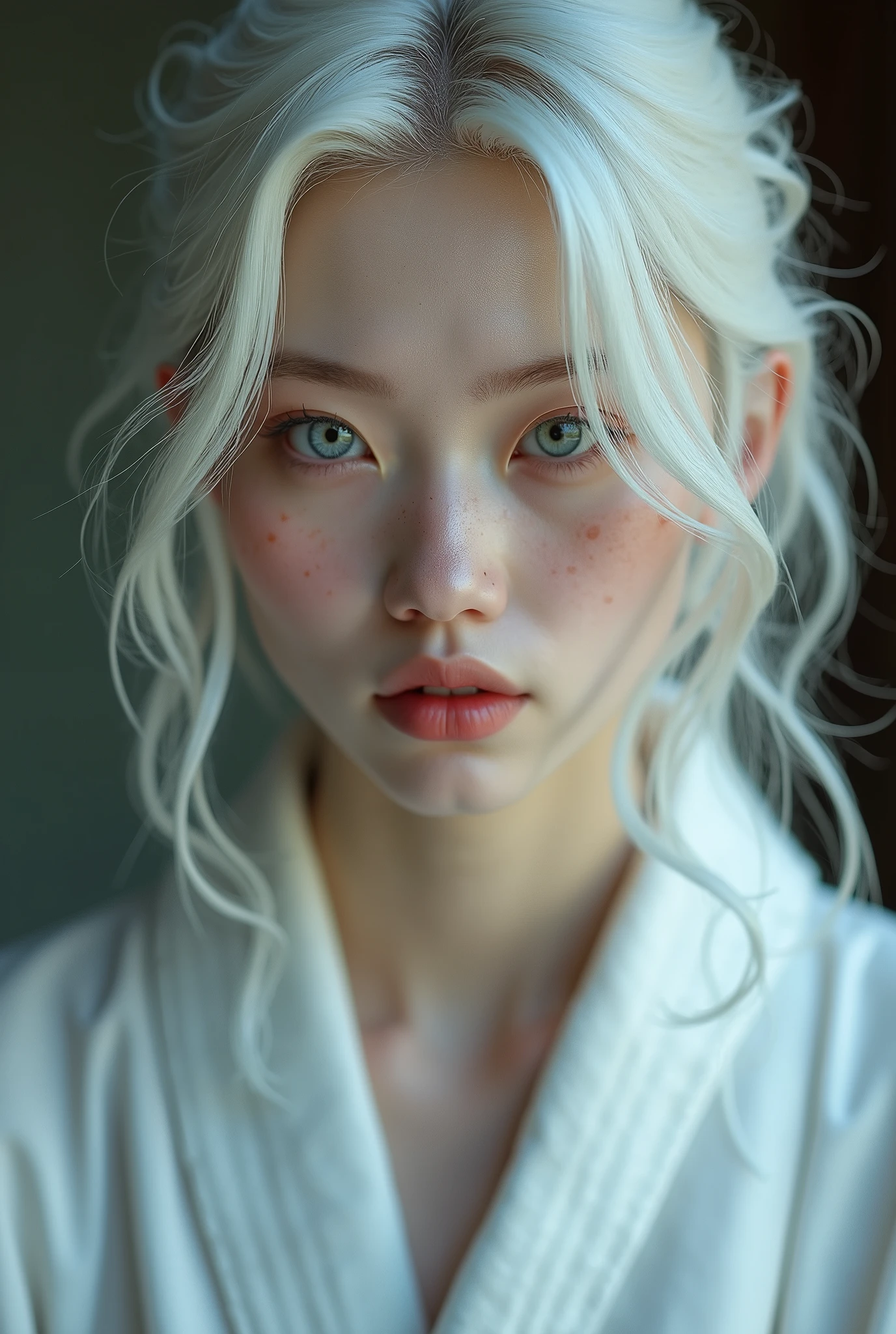 (uma fotogroffia premiada:1.3) off (Ultra photo realsisim:1.3),(vred:1.3) (close up:0.7), A Korean woman, albino with freckles in a white robe, realskin, 5d canon, 85mm, profundidaoff off campo, 8k, ultra-nitioffz, RTX, octane, irreal, Dramatic light, Global illumination (author:WLOP Artist:1.3),altamente offtalhado,(Arte Darkwave:1.3),(Arte Hardcore:1.3),(Agfacolor:1.3),(Close portrait:1.3),(Female One:1.4),(very beautiful:1.4),(appealing:1.3),handsome,Calendar pose,olhos veroffs offtalhados perfeitos,studio lighting,themed background, naked, new, feições mistas off Emmy Rossum e Brooke Shields, white hair.