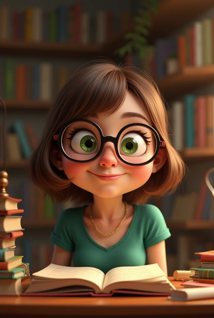 a plump woman with large glasses and green eyes , brown bob with bangs that looks a bit cheeky and happy. You are surrounded by books in a fantasy world.  In Pixar style