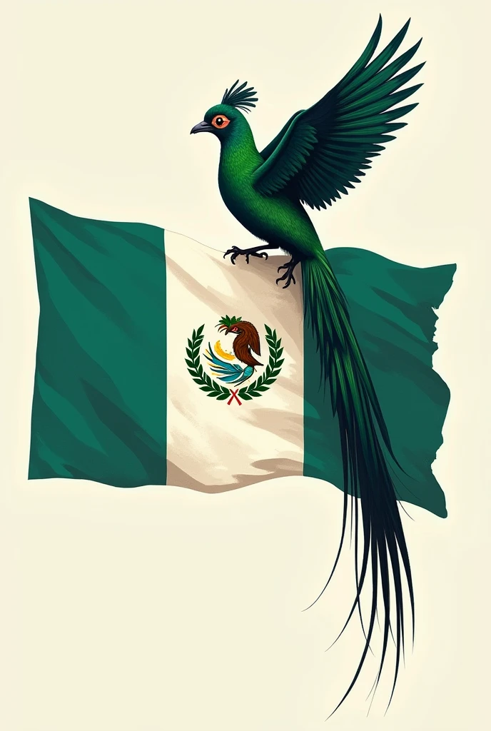 Make a simple but original drawing about the national flag of Guatemala and the national bird of Guatemala which represents the free bird