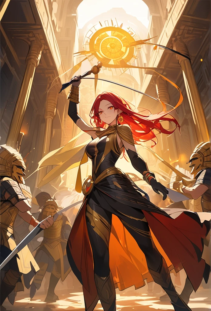 Masterpiece artwork, best qualityer, 独奏, an elf goddess, Bullish, Beautiful and very imposing, She has long red hair with yellow highlights, Orange Eyes with a Yellow Circle Around Them, Black Rouro Outfit with Red Details, golden sun earrings, Imposing Pose Walking Inside an Aztec-Themed Palace, Smiling in a violent way.