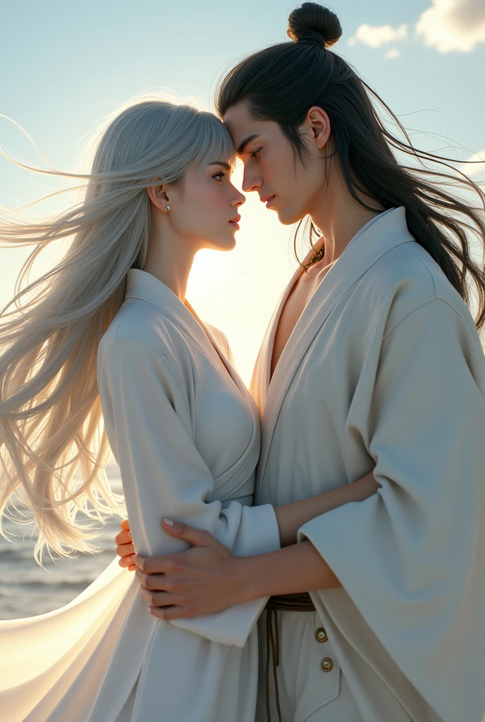 1 man，sharp looking blue eyes，Sharp pupils，White sharp hair，He wore a black noble robe，Intimate hugs and kisses to his lovely wife（（35-year-old face））