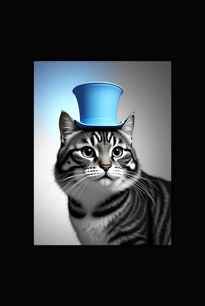 Thick-necked striped cat with top hat. in black and white