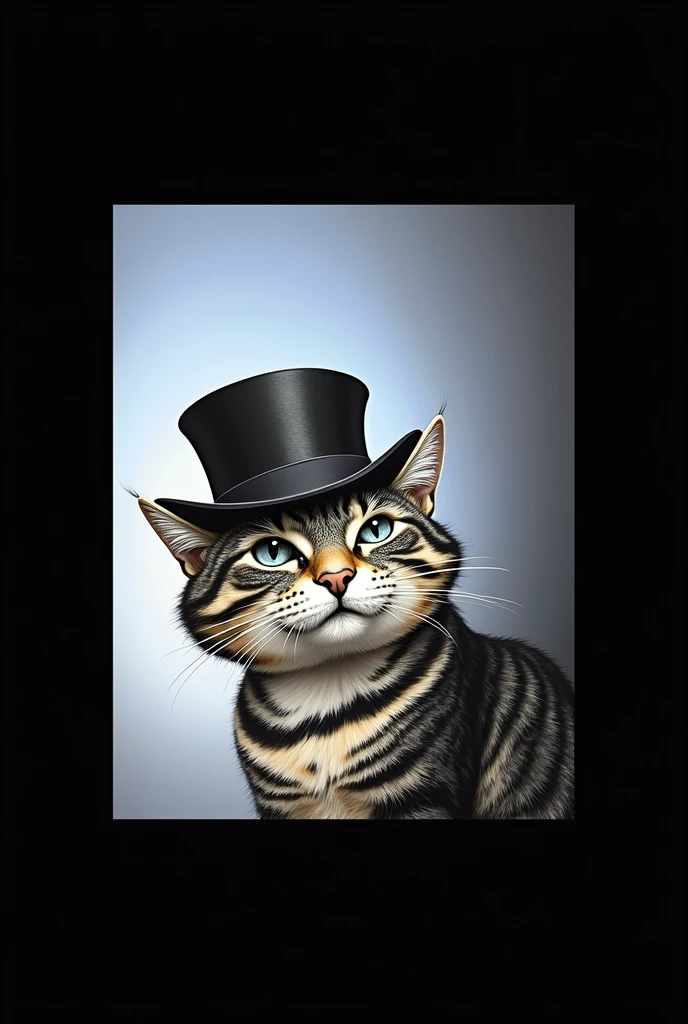 Thick-necked striped cat with top hat. in black and white