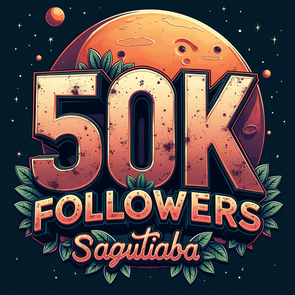 A design art, (graffiti art, metallic letters, poster saying "50K"). (Another medium tittle "OBRIGADO", "THANK YOU", "GRACIAS"). It features a graffiti art with metallic letters, planet illustration background, rocket. The tittle is in bold, graffiti style typography with a catchy tagline, "Followers". ((small tittle "GUSTAVO YABAI"))