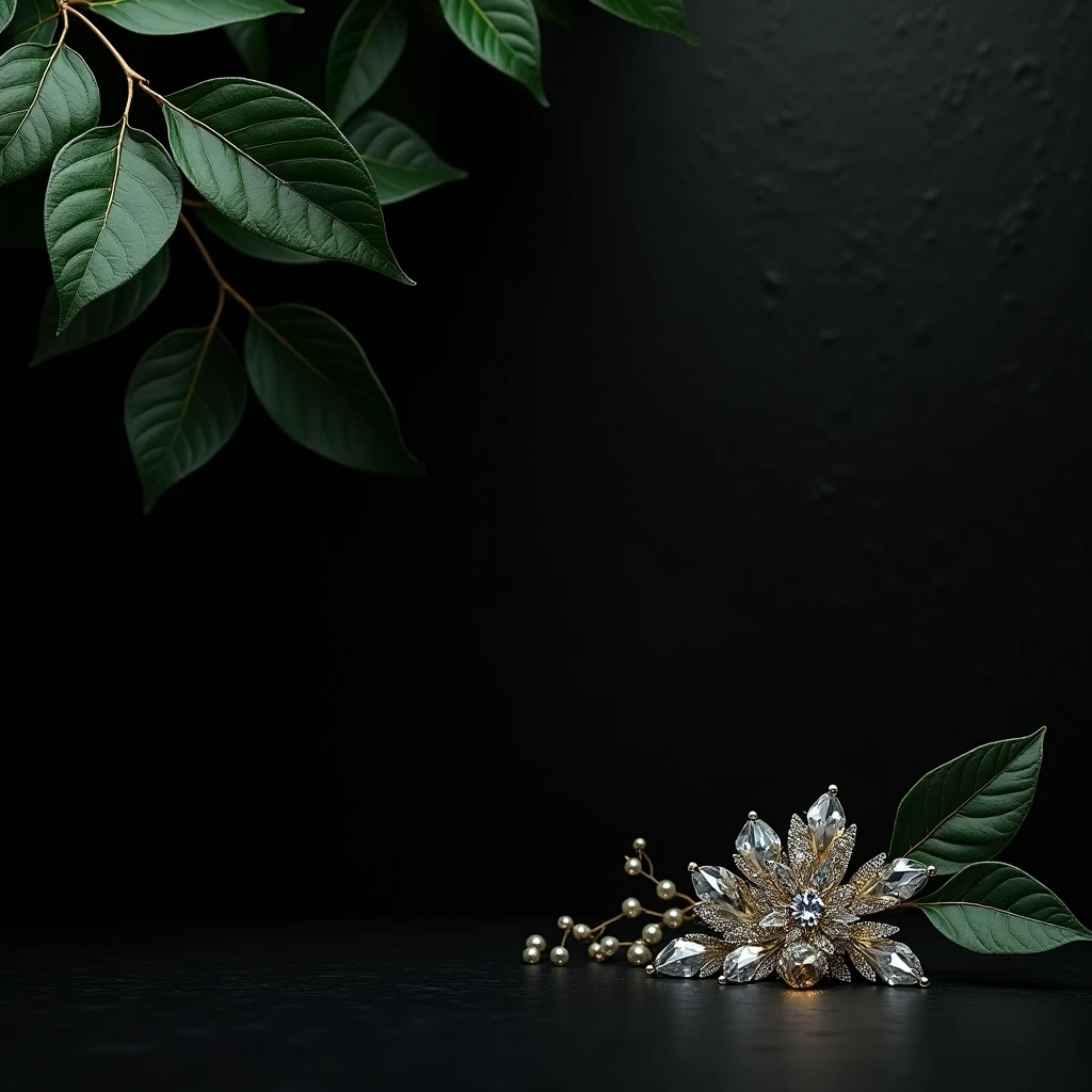 "Create a luxurious background with a deep black, subtle textured surface that radiates sophistication. Position glossy green leaves in the upper left corner, and complement them with a cluster of sparkling crystals and similar leaves in the bottom right corner. The scene should be realistically lit, with soft highlights emphasizing the elegance and depth of the black backdrop, perfect for showcasing jewelry."
