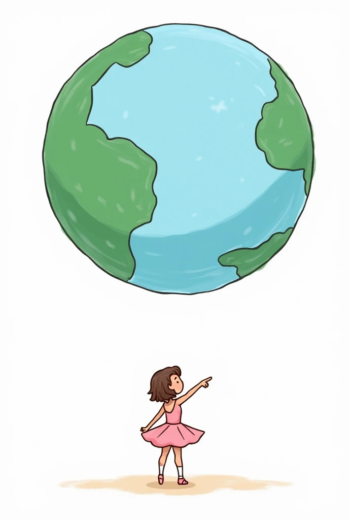 a ballerina pointing to Europe on planet Earth bigger than her big and beautiful and she stands below with her back turned, the most beautiful and biggest planet than her, on the other side the planet is on a white background, the ballerina has short brown hair that leans towards blonde and has slightly darker skin, I want it to look like a drawing, a cute and cute child's drawing, more drawn, pink clothes and she a little lighter