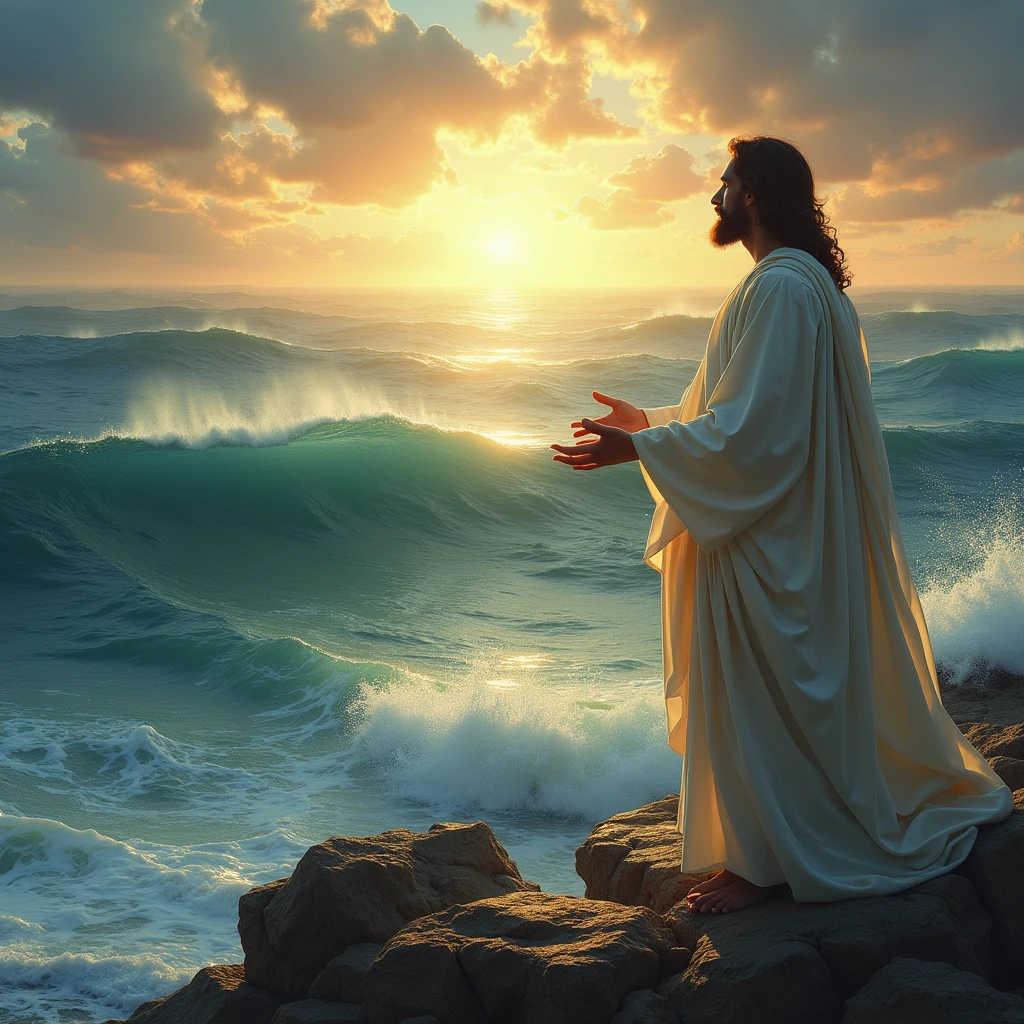 Depict a person standing on the edge of a vast ocean, looking out at the waves with both fear and resolve. Jesus stands beside them, pointing towards the horizon, with a light shining across the water, symbolizing faith and strength to face the unknown.