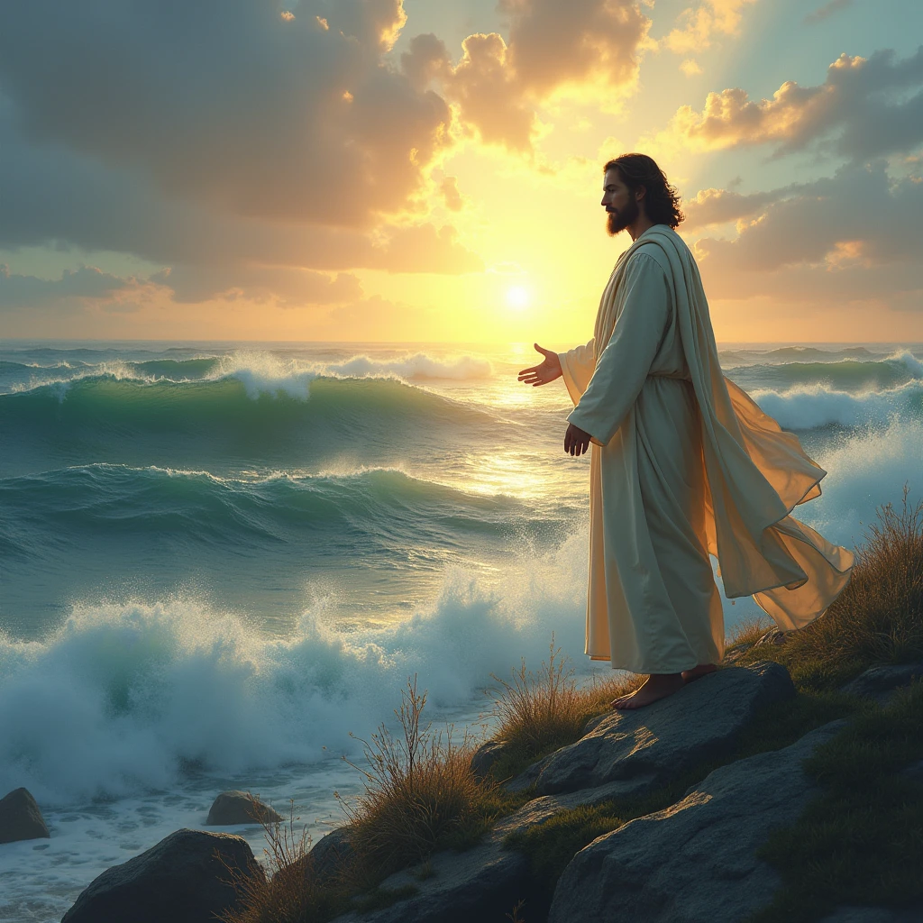 Depict a person standing on the edge of a vast ocean, looking out at the waves with both fear and resolve. Jesus stands beside them, pointing towards the horizon, with a light shining across the water, symbolizing faith and strength to face the unknown.