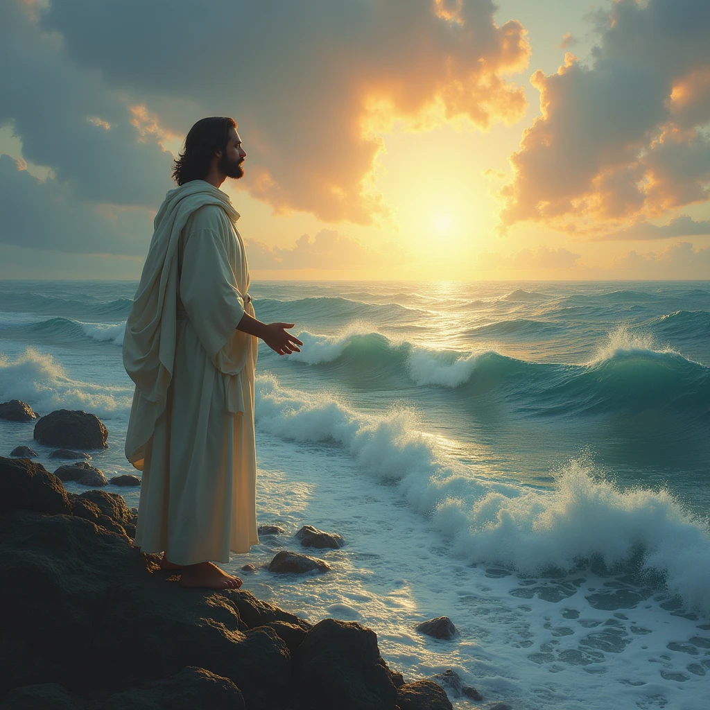 Depict a person standing on the edge of a vast ocean, looking out at the waves with both fear and resolve. Jesus stands beside them, pointing towards the horizon, with a light shining across the water, symbolizing faith and strength to face the unknown.