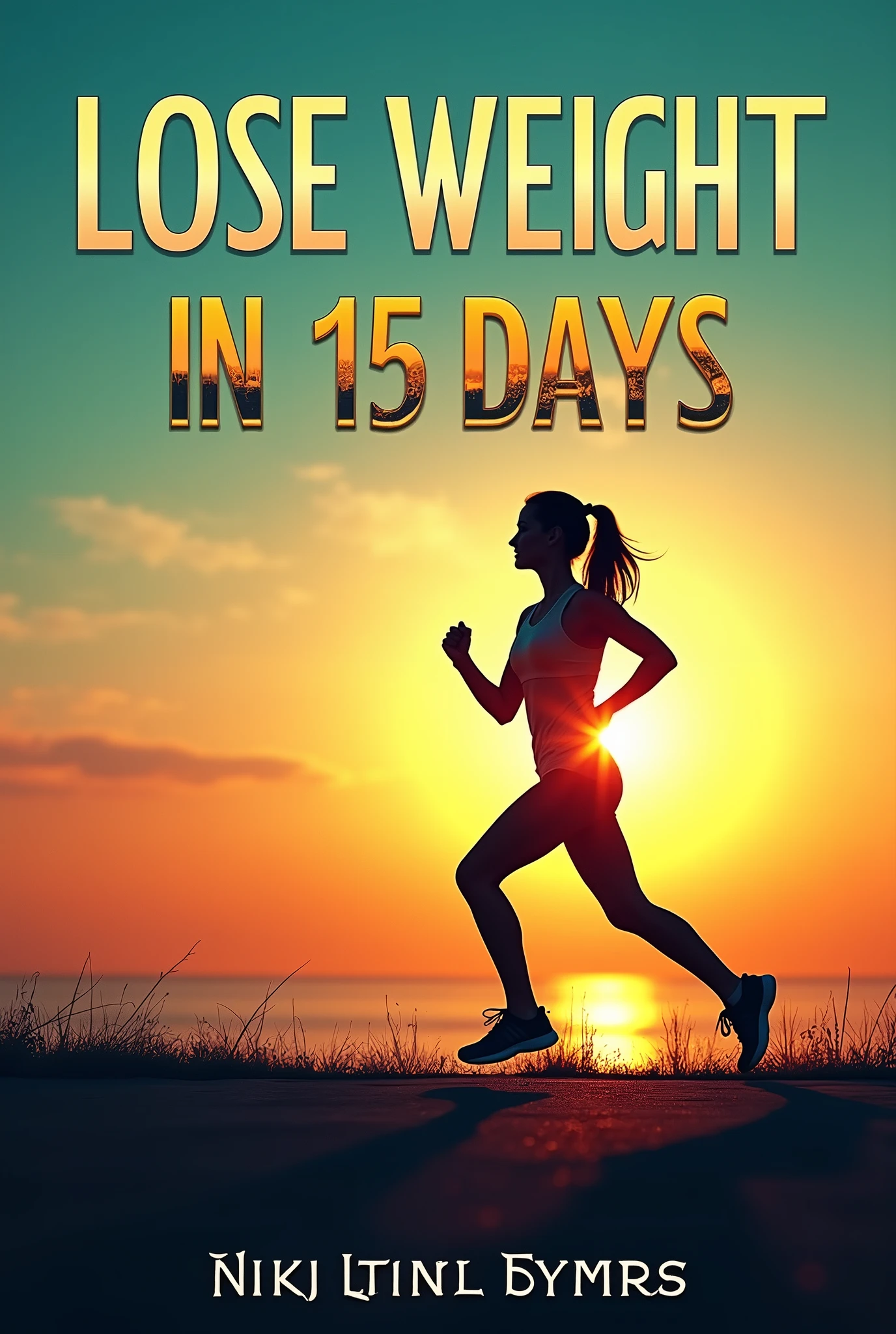 An inspiring and modern eBook cover, highlighting the title &#39;Lose Weight in 15 Days&#39; in large, bold letters. The image must feature a silhouette of an athletic woman running against a vibrant sunset backdrop., transmitting energy and determination. Ao fundo, a minimalist style progress meter that symbolizes weight loss. Use vibrant colors like green, orange and blue to attract attention and evoke a sense of health and well-being. O design deve ser limpo, motivational and professional, with visual elements that suggest rapid transformation and success